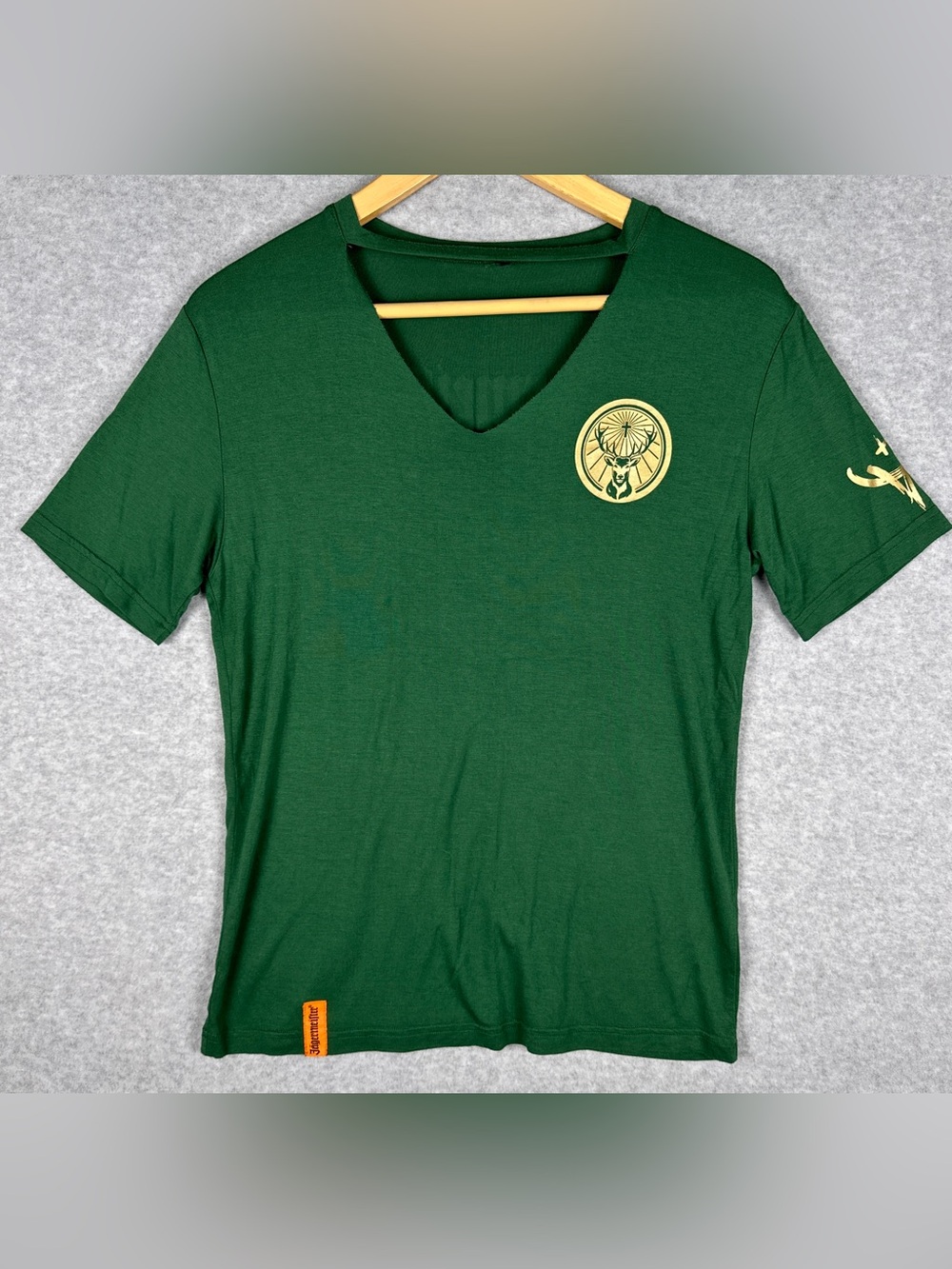 Jagermeister Green Gold Stag Logo V Neck Graphic T Shirt Promo